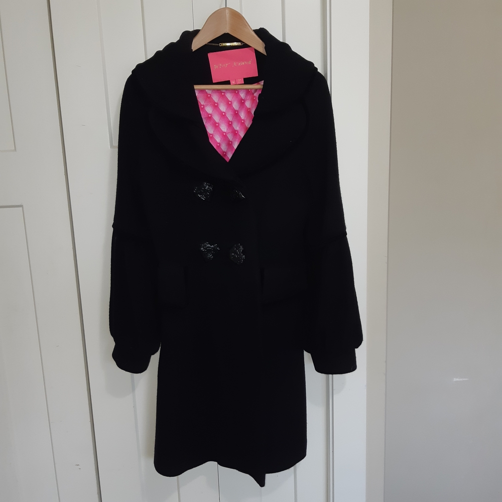 Betsey Johnson Black Pea Coat with Pink Lining